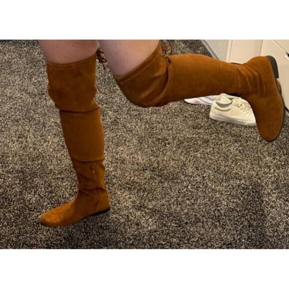 🆕Women's Tan-suede Thigh High Low Block Heel Casual Fashion Over the Knee Boots - Picture 4 of 10